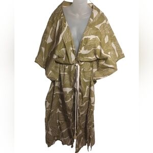 True Destinations Leaf Print Cinched Waist Robe Duster Rope Belt Kimono Size M